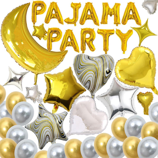 44 Pieces PAJAMA PARTY Balloons Gold Moon Star Heart Aluminum Foil Balloons Silver Latex Balloons for Girls Women Slumber Party Sleepover Birthday Party Spa Party Decoration (Gold)
