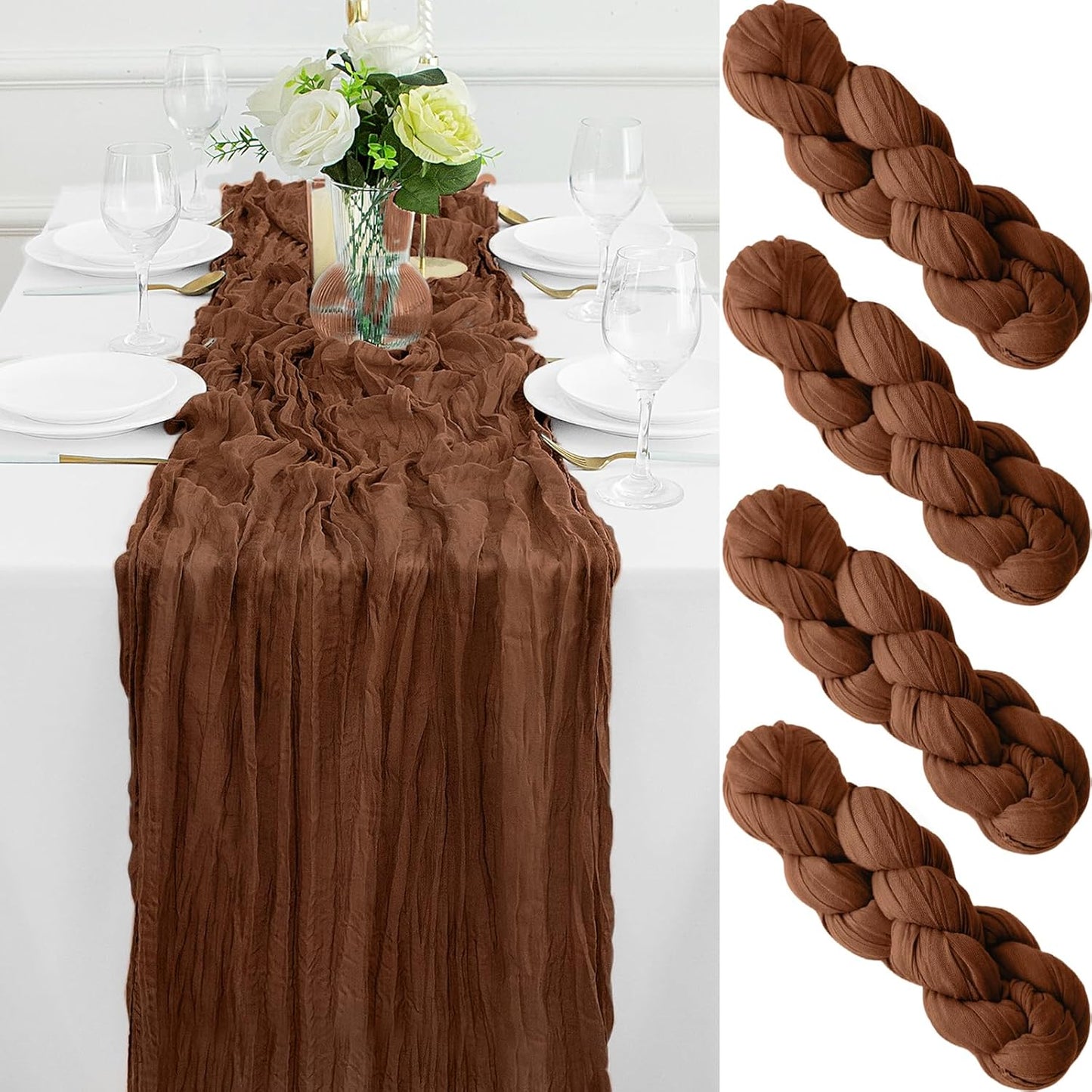 4Pack Brown Table Runner 10FT Cheesecloth Table Runner 35x120Inch Long Boho Cheese Cloth Table Runners Rustic Gauze Table Runners for Party Wedding Bridal Shower Baby Shower Decorations