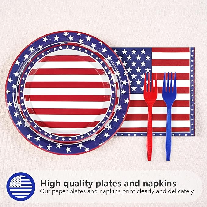 Grencian 96Pcs American Flag Patriotic Party Supplies Veterans Day Patriotic Paper Plates and Napkins US Flag Disposable Tableware for Veterans Day 4th of July Party Decorations Serve 24
