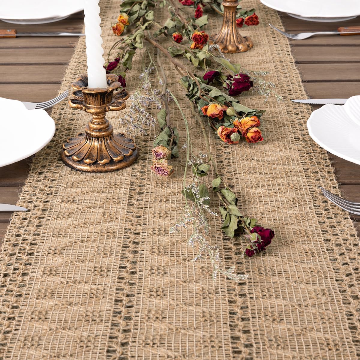 Socomi Boho Table Runner Fall Thanksgiving Farmhouse Burlap Jute Bamboo Rustic Dining Kitchen Centerpiece Decor Small Macrame Woven Coffee Table Runner for Dresser Scarf Home Decor 12x72 inch