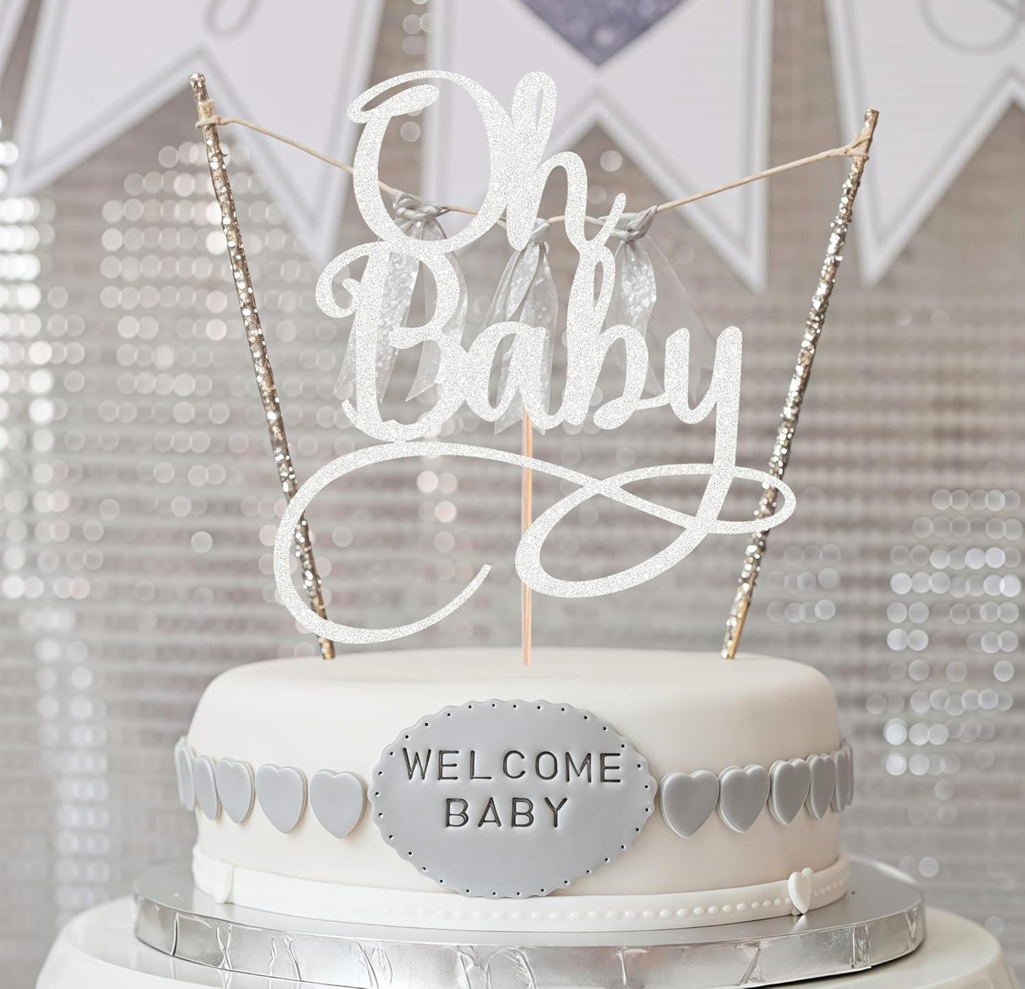 Oh Baby Cake Topper - Silver Glitter Baby Birthday Party Cake Decoration Supplies, for Baby Shower/Gender Reveal Party Photo Booth Props
