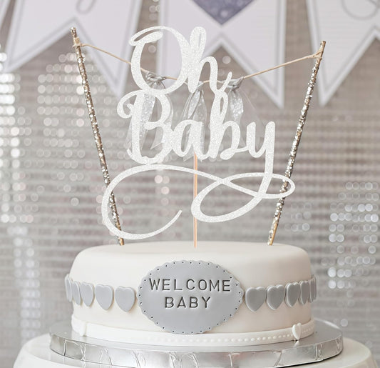 Oh Baby Cake Topper - Silver Glitter Baby Birthday Party Cake Decoration Supplies, for Baby Shower/Gender Reveal Party Photo Booth Props
