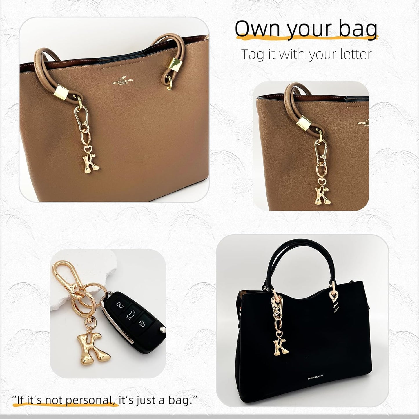 Gold Bubble Heart Initial Bag Charms for Handbags – Cute Initial Letter Keychain for Women, Purse Charms, Gold Gift