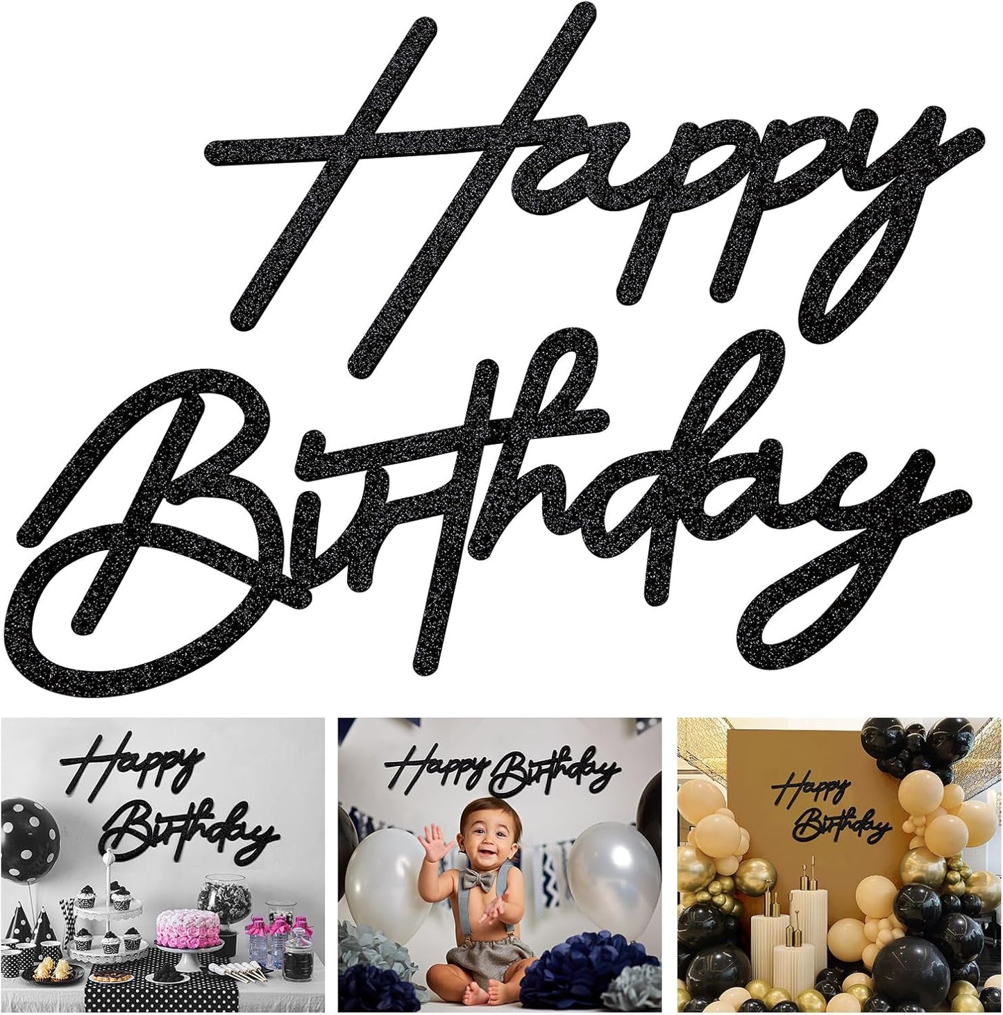 Black Happy Birthday Felt Sign for Backdrop - Glitter Black Happy Birthday Letters Signs Remove for Balloon Arch Party Large Happy Birthday Sings for Baby Girl Women Party Baby Shower Decorations