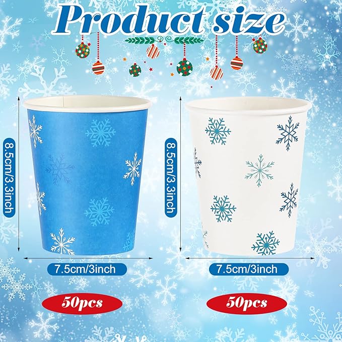 Funtery 100 Pieces Christmas Paper Cups Xmas Disposable Coffee Snowflake Santa Snowman Elk Lights Cups 9 Ounce Drinking Tea Paper for Daily Use Holiday (Snowflake Style)