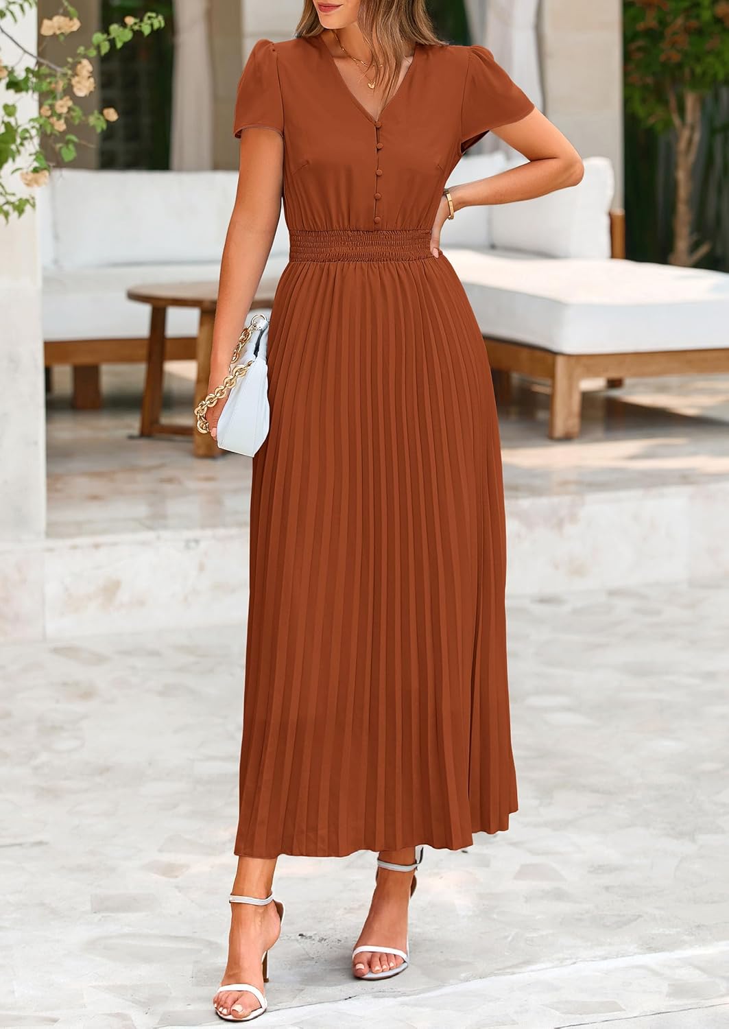 PRETTYGARDEN Women's Maxi Dresses 2025 Summer Trendy Cap Short Sleeve Button V Neck Casual Flowy Pleated Long Dress