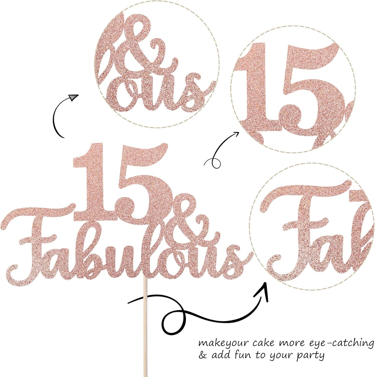 1 PCS 15 & Fabulous Cake Topper Glitter Fifteen and Fabulous Cake Toppers Happy 15th Birthday Cake Pick for 15th Wedding Anniversary Birthday Party Cake Decorations Supplies Rose Gold