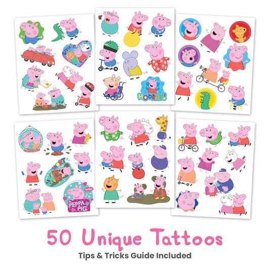Savvi - 50 Peppa Pig Temporary Tattoos: Skin-Safe Ink, Great for Birthday Parties, Gifts for Boys and Girls Ages 4-12+, Made in the USA [6 sheets, 50 count]