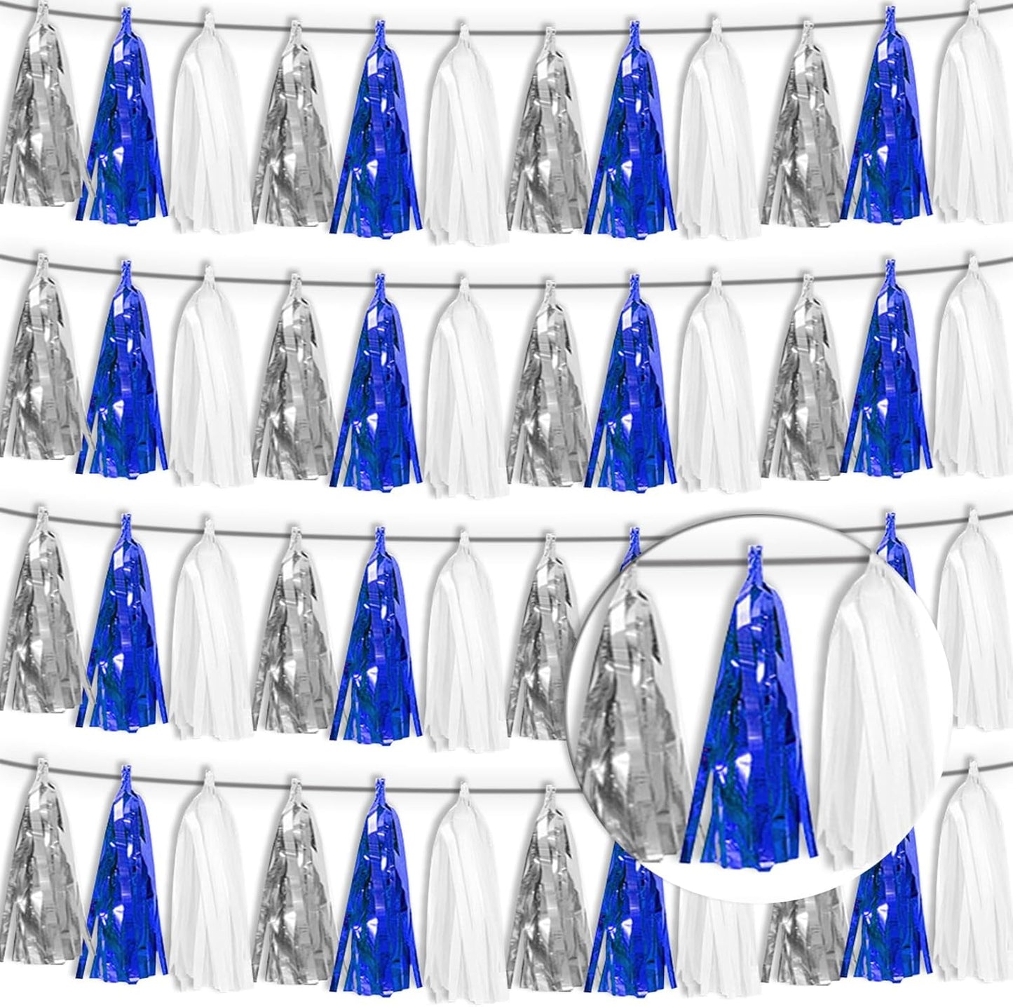 4P Navy Blue White Silver Tassel Banner Garland Metallic Foil Fringe Banner Tinsel Tassels Streamer Banner Backdrop for Parade Floats, 2025 Graduation Decorations, Retirement Party Decorations
