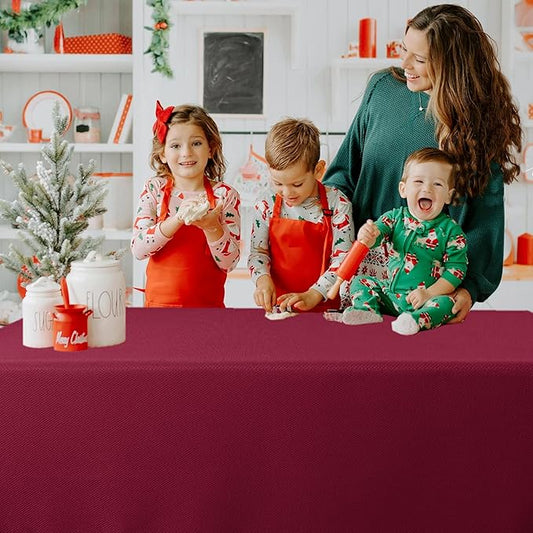Biscaynebay Textured Fabric Christmas Rectangle Table Cloth 90x156 Inch, Burgundy Water Resistant Tablecloths for Dining, Kitchen, Wedding, Parties etc. Machine Washable