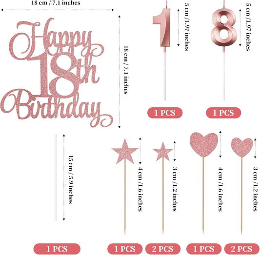 18th Birthday Cake Decorations, 18th Birthday Candles Cake Numeral Candles and Glitter Happy 18th Birthday Cake Toppers Set for Birthday Party Supplies (Rose Gold)