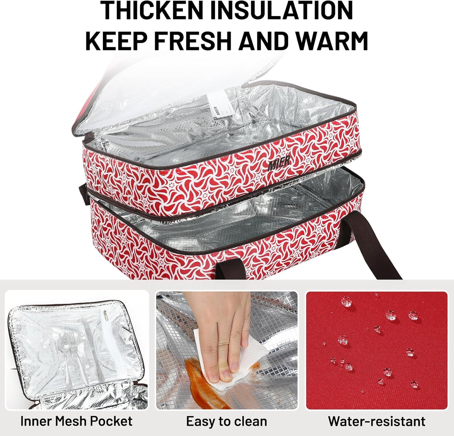 MIER Insulated Casserole Carrier Fits 9"x13" Baking Dishes/Foil Pans, Double Food Carriers Bag Thermal Holder for Hot or Cold Food Lasagna Lugger Potluck Parties Picnic Travel, Red