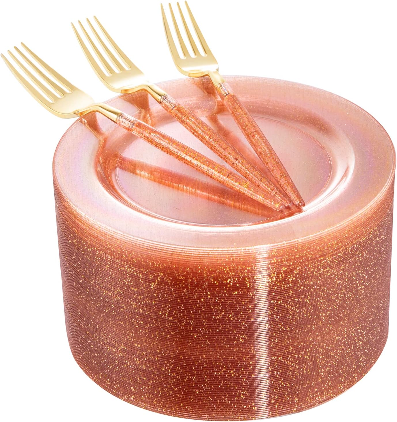 LIYH 96 Pcs Gold Glitter Plastic Dessert Plates 7.5 Inch, Plastic Fancy Cake Plates and Forks, Disposable Salad Plate, Dessert Forks 7.5 Inch for Birthday Bridal Shower 48 Guests