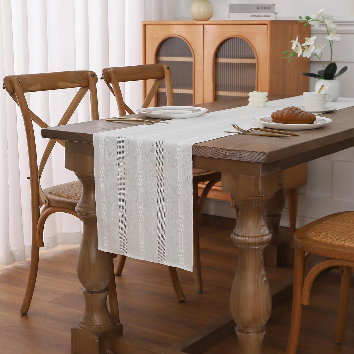 Gernaice Boho Table Runner, Embroidered Cotton Linen Farmhouse Table Runners for Dresser Dining Living Room Bedroom Home Decor, 60" L X 13" W Cream White