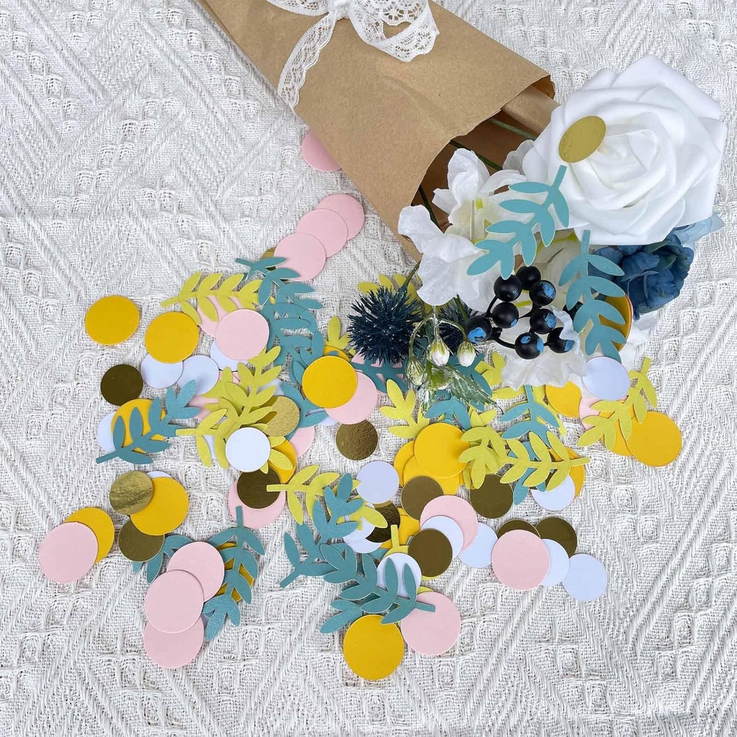200 Pcs Baby Shower Confetti - Yellow Blue Eucalyptus Dots, Boho & Forest Party Decor, Bridal & Wedding Table Confetti