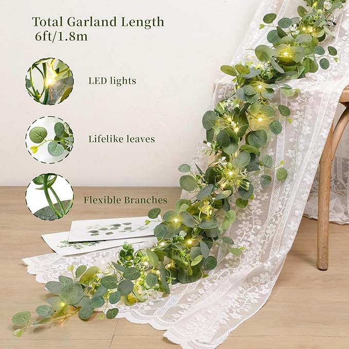 N&T NIETING 6 Pack Artificial Eucalyptus Garland with Lights, 6FT Artificial Greenery Garlands, Battery Operated Twig Vine for Room Stairs Mantle Wedding Holiday Easter Decoration Indoor Outdoor