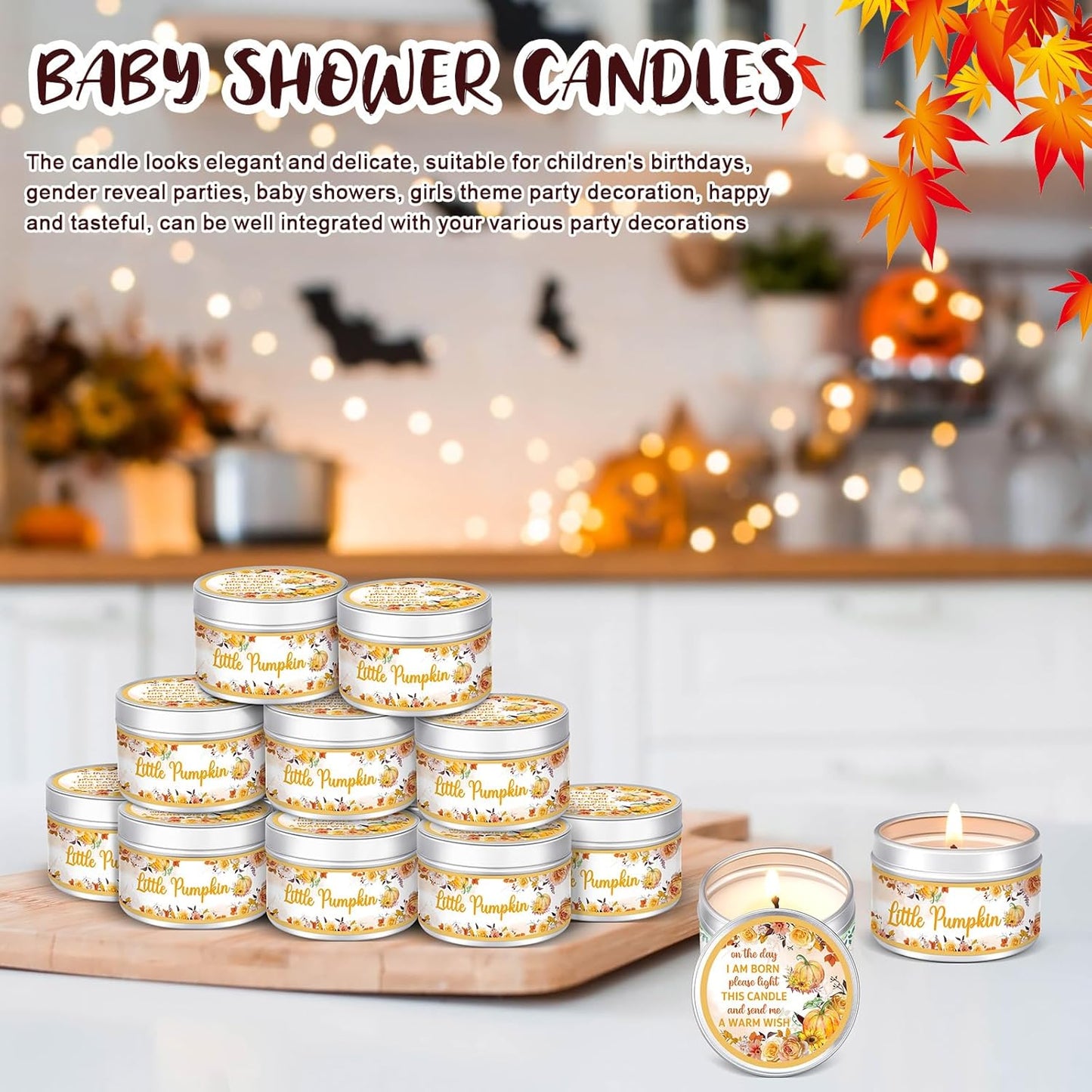 MTLEE 24 Pcs Fall Pumpkin Baby Shower Party Favors Candles Lavender Scented Baby Shower Favors for Guests Rustic Tealights Candles Gender Reveal Return Gifts Girl Boy(1.2 Oz, Yellow)