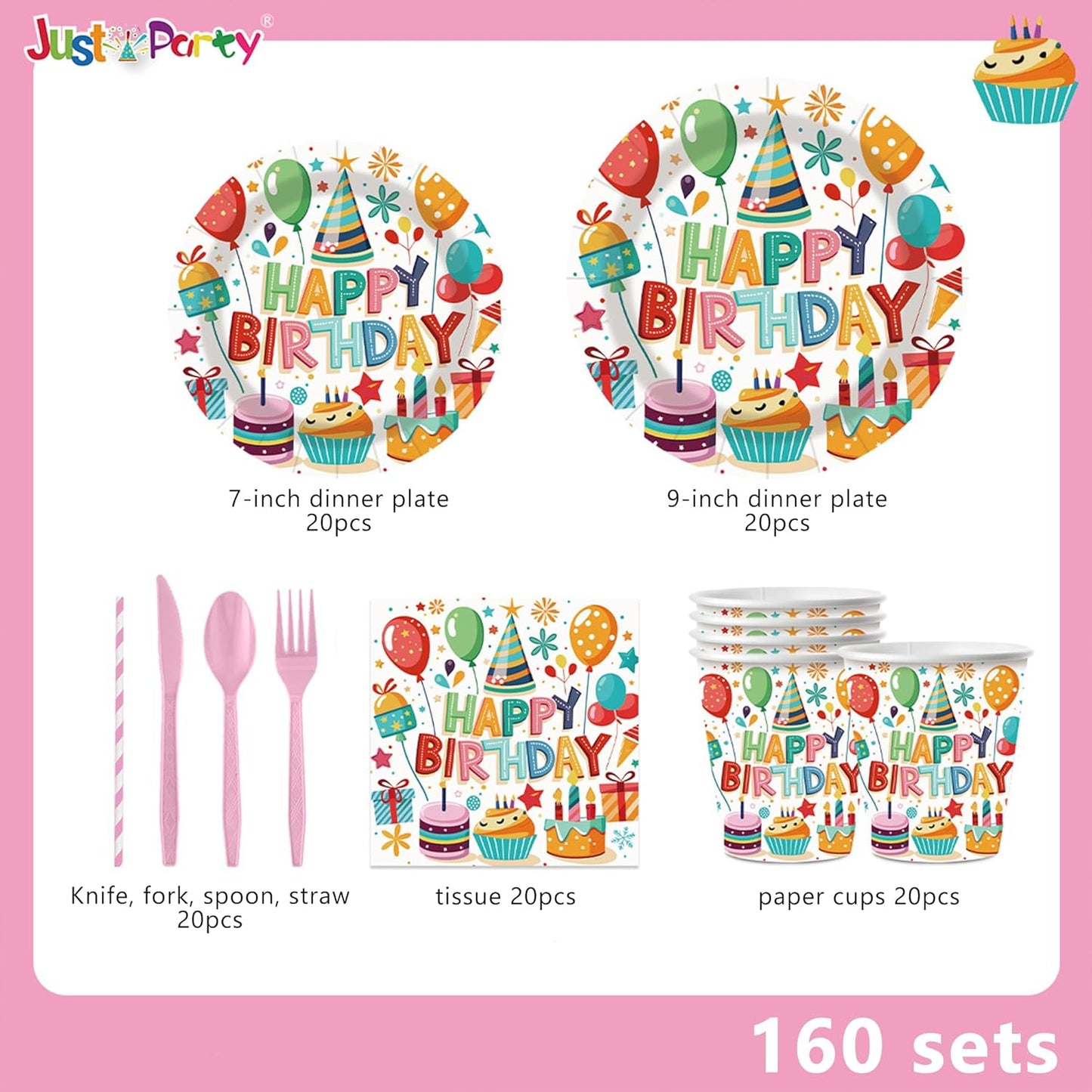 Birthday Plates and Napkins,20PCS Each For Plates, Tissues, Cups, Knives, Forks, And Spoons,Birthday Party Supplies,Special Design Adds a birthday Atmosphere