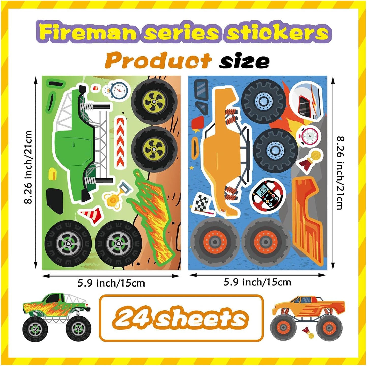 DUJAA 24 Sheets Monster Truck Stickers for Kids, Colorful, Premium Quality, Make Your Own, Monster Truck Party Favor, Teacher Reward, Birthday Gift