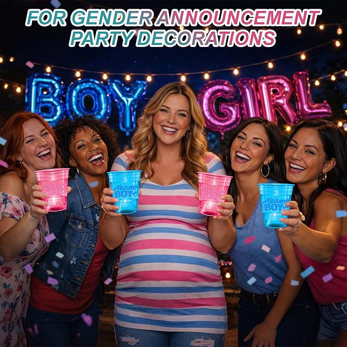 mishunyus 40-Pack Glow in the Dark Gender Reveal Cups - Team Boy & Girl Baby Shower Party Supplies (20 Blue + 20 Pink) 16 oz Plastic Cups for Gender Announcement Party Decorations