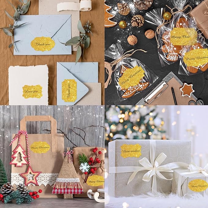 Yeachlaing Bright Gold Labels Stickers,250 PCS 2" x 1.2" Fancy Shape Stickers Labels for Storage Box or Food Jars Holiday Present Stickers Christmas Gift Tags Stickers