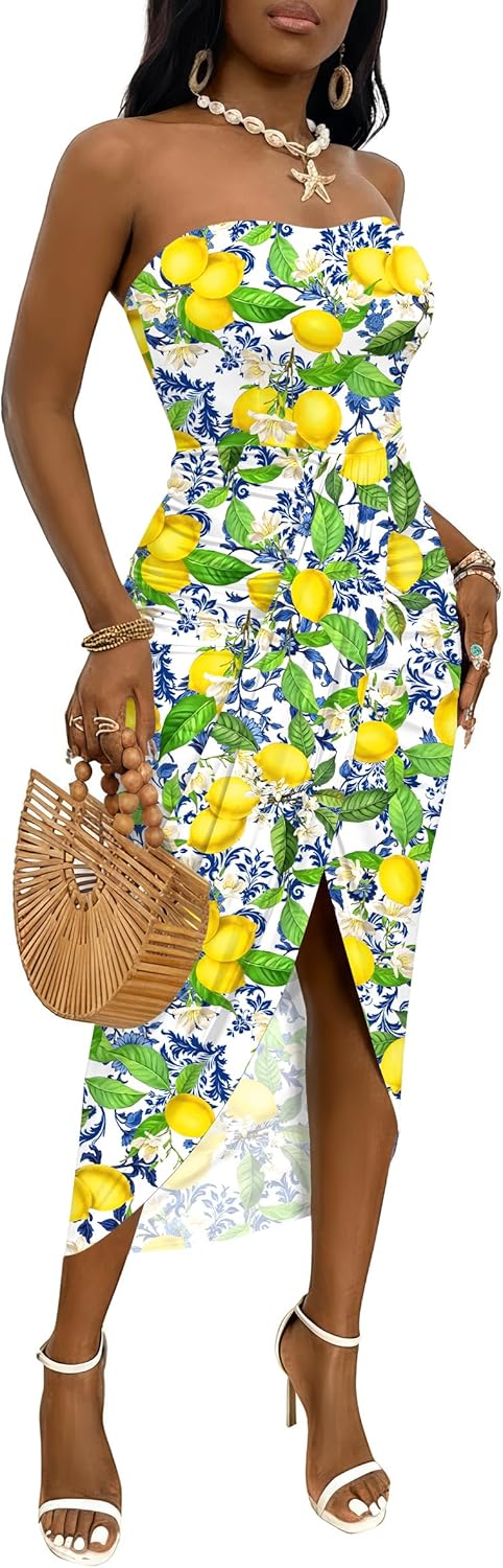 Umenlele Women's Strapless Ruched High Waist Wrap Split Asymmetrical Beach Maxi Long Dress