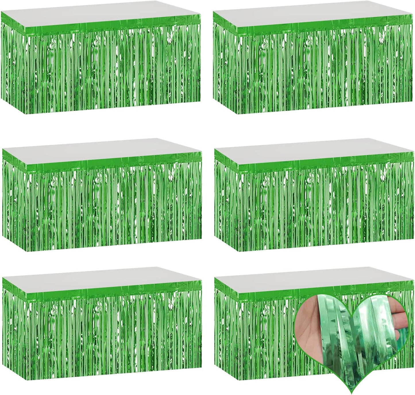 6 Pack 29x108 Inch Light Green Metallic Foil Fringe Table Skirts Banner for Tinsel Streamer Garland Curtains Backdrop for Parade Floats Baby Shower Birthday Christmas Halloween Party Decoration