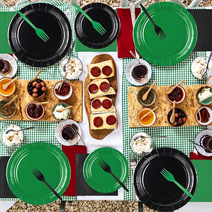 Grencian 96 Pcs Green and Black Birthday Decorations Solid Color Party Plates and Napkins Disposable Heavy Duty Green and Black Tableware Set for Holiday Birthday Baby Shower Party Decorations