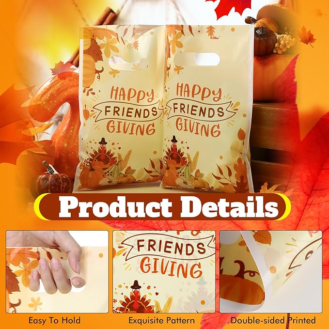 Supervitae 100 Pcs Happy Friendsgiving Plastic Gift Bags Bulk Thanksgiving Party Favor Bags with Handles for Fall Birthdays Weddings Snacks Goodie Candy Treat Party Favors Supplies