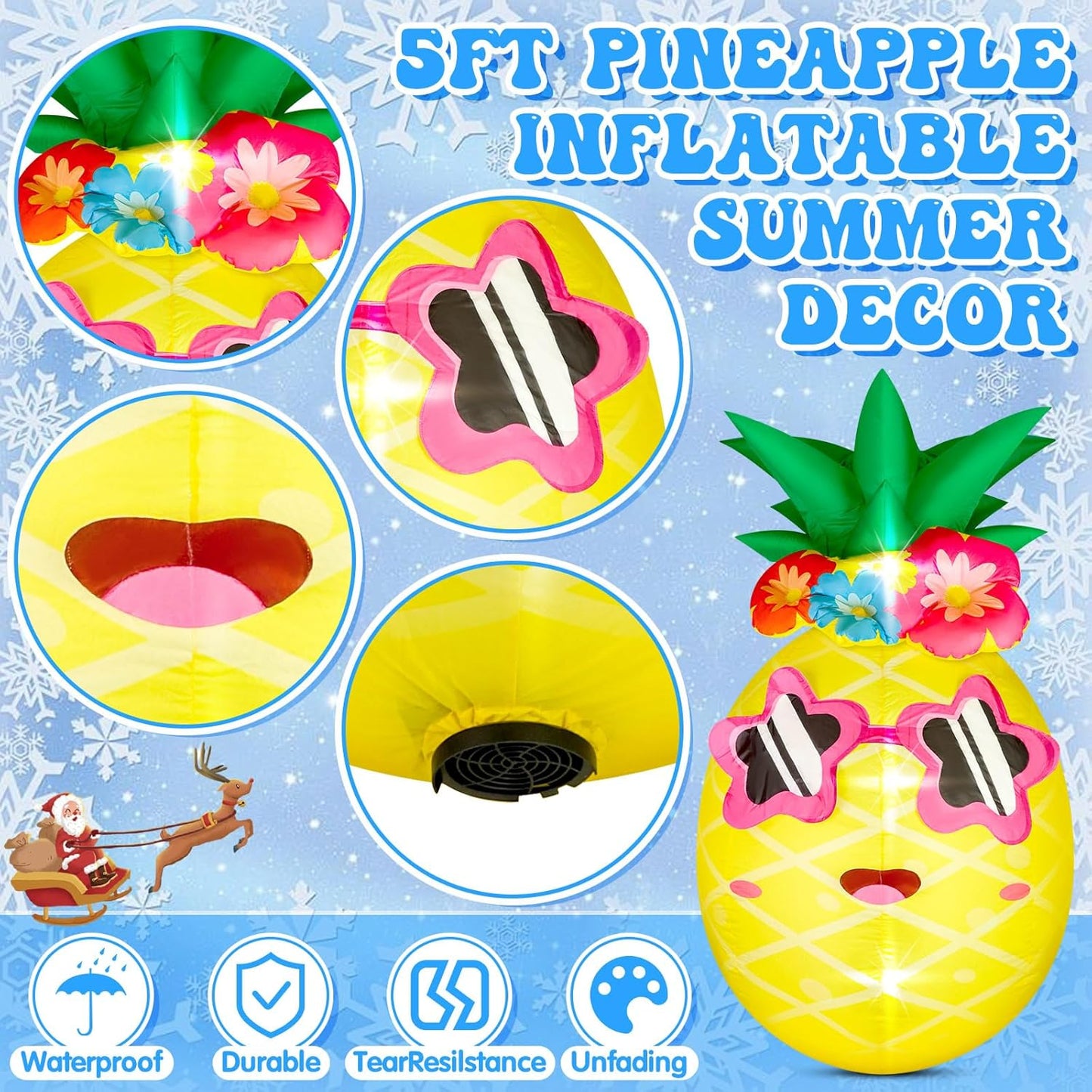 5FT Pineapple Inflatable Winter Decor Blow up Pineapple with 4 LED Lights Christmas Inflatables Outdoor Decorations Giant Inflatable for Xmas Birthday Pool Beach Yard Lawn Party Supplies