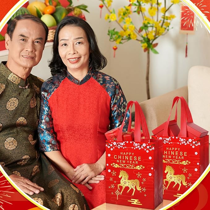 Supervitae 24 Pcs Chinese New Year 2026 Gift Bags with Handle Horse Lunar New Year Gift Bag Spring Festival Red Goodie Treat Party Supplies for Family Neighbor Friend Party Decor(9.8" x 7.9" x 3.9")