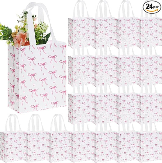 Supervitae 24 Pack Coquette Pink Bow Gift Bags Medium Bow Themed Party Favor Bags Reusable Non Woven Goodie Totes for Birthday Bachelorette Baby Shower Thanksgiving(9.8" x 7.9" x 3.9")