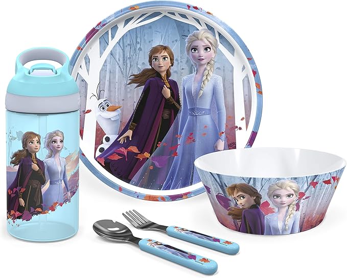 Zak Designs 5-Piece Dinnerware Set, Disney Frozen 2 - Durable Plastic & Stainless Steel - Includes Water Bottle, 8-Inch Plate, 6-Inch Bowl, Fork & Spoon - Suitable for Kids Ages 3+