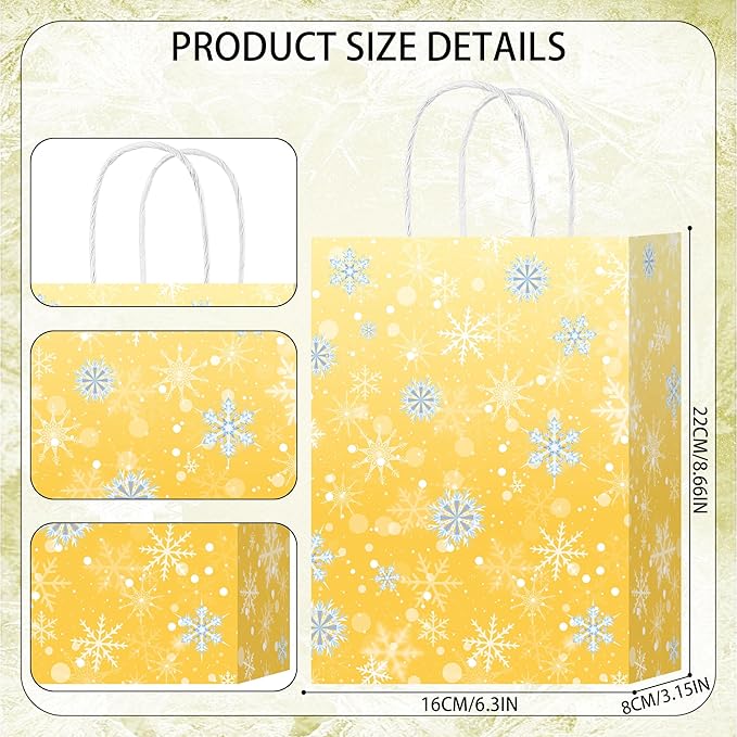 HongXingHai Christmas Gift Bags with Handles, 16 Pack Kraft Paper Bags with Snowflake Design, Reusable Holiday Party Favor Bags for Christmas, Winter Birthday, Wedding, Shopping, Small Gifts