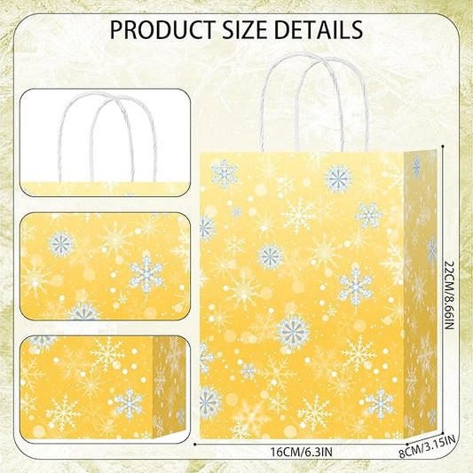 HongXingHai Christmas Gift Bags with Handles, 16 Pack Kraft Paper Bags with Snowflake Design, Reusable Holiday Party Favor Bags for Christmas, Winter Birthday, Wedding, Shopping, Small Gifts