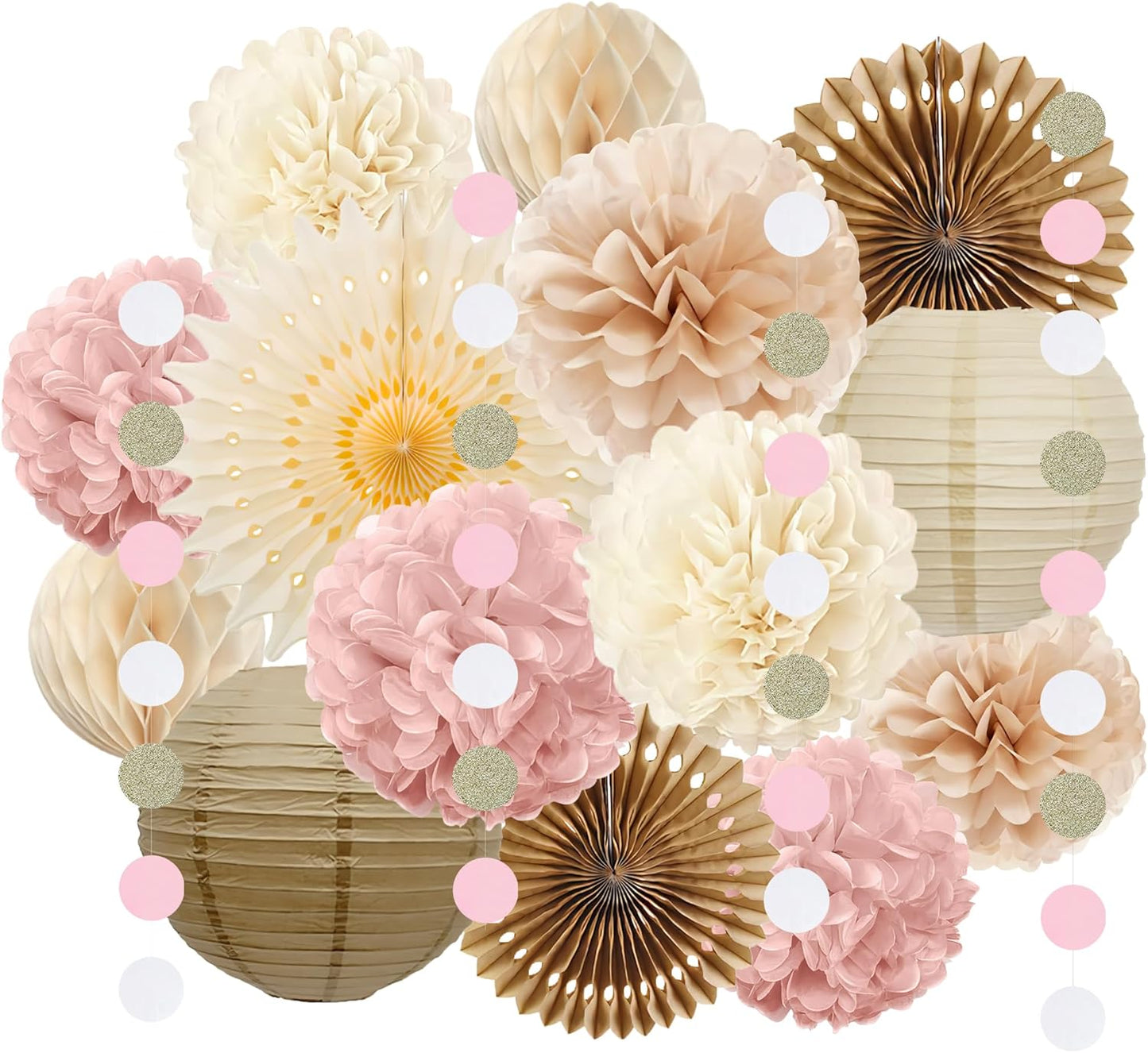 Pink and Beige Party Decorations Dusty Rose Paper Fans Paper Lanterns Pom Poms Flowers for Baby Shower Birthday Wedding Engagement Party