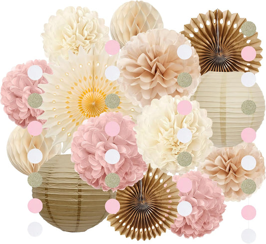 Pink and Beige Party Decorations Dusty Rose Paper Fans Paper Lanterns Pom Poms Flowers for Baby Shower Birthday Wedding Engagement Party