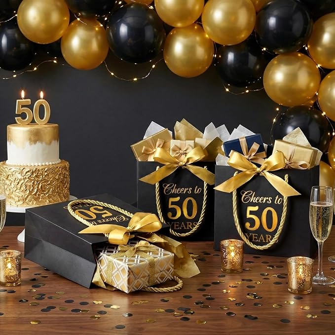 Moinchore 30 Pcs Black Gold 50 Birthday Paper Gift Bags Bulk 5.5 x 4.7 x 2.5 in Mini Cheers to 50 Years Favor Bags with Handles Bow Ribbon Wrap for Birthday Anniversary Wedding Day Party Supplies