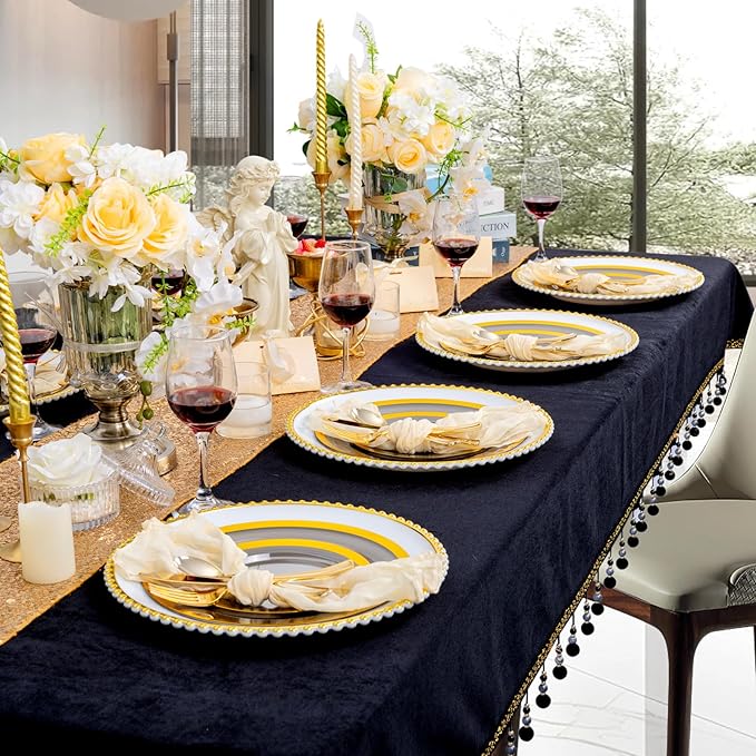 supernal 120pcs Clear Black and Gold Plastic Plates Black Plates Gold Plastic Dinnerware Include Dinner and Dessert Size for Elegant Parties, Valentine's Day Party and Wedding