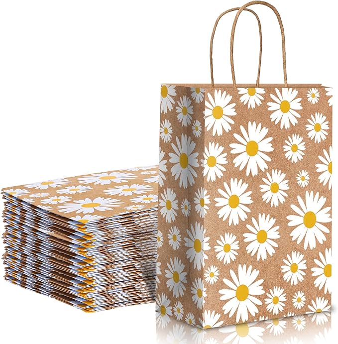 Whaline 12 Pack Daisy Flower Goodie Bags Hippie Daisy Flower Gift Kraft Paper Bags with Handles Floral Gift Bags for Spring Party Favor Wedding Birthday Shopping Baby Shower, 5.9 x 8.3 x 3.1 Inch