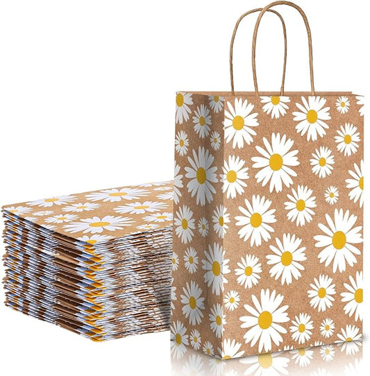 Whaline 12 Pack Daisy Flower Goodie Bags Hippie Daisy Flower Gift Kraft Paper Bags with Handles Floral Gift Bags for Spring Party Favor Wedding Birthday Shopping Baby Shower, 5.9 x 8.3 x 3.1 Inch