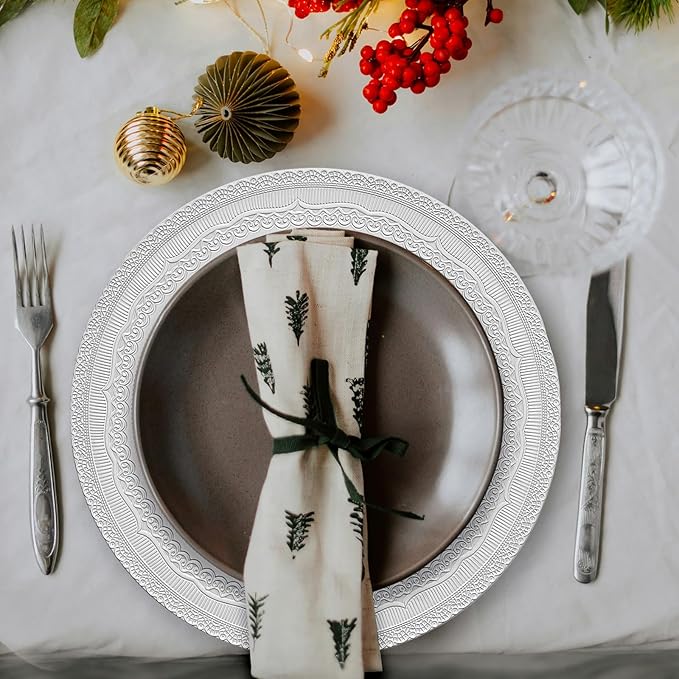 13" White Charger Plates, Lace Embossed Elegant Charger Plate Set of 6, Round Server Ware Chargers for Dinner Plate, Reusable Bulk Table Setting for Party or Event