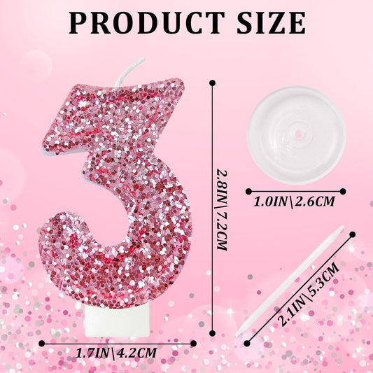 Birthday Number Candles, Glitter Number Candle Cake Decorations with Sequins, Cupcake Decorations for Girls, Women, Party Anniversary Celebrations (Number 3, Pink)