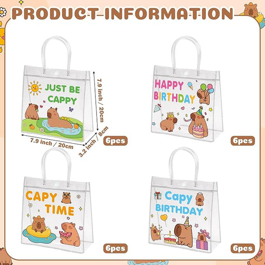 H1vojoxo Capybara Birthday Gift Bags - 24PCS Capybara Clear PVC Gift Bags with Handle 7.9x3.2x7.9 Inches Reusable Capy Time PVC Gifts Wrap Bag Just Be Cappy Tote Bag for Birthday Party Favor Supplies