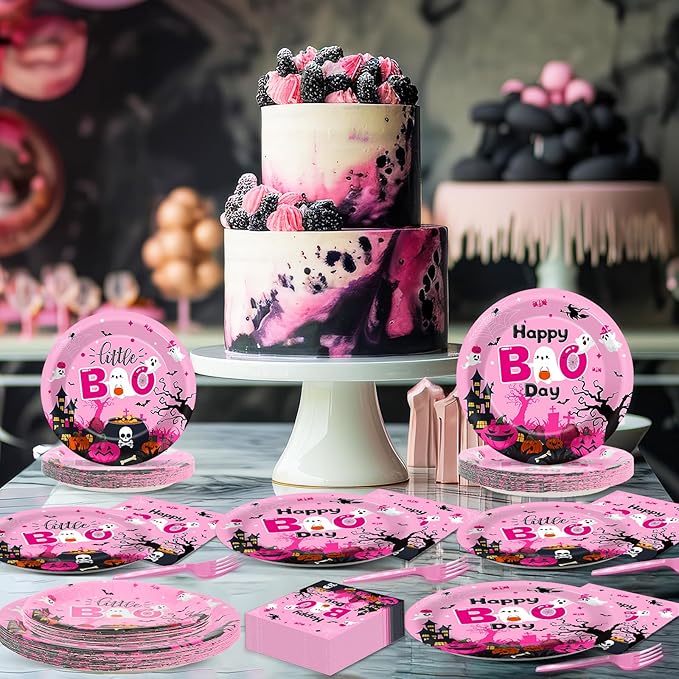96Pcs Halloween Happy Boo Day Party Supplies - Pink Ghost Pumpkin Paper Plates, Napkins, Dinnerware & Party Favors - Serves 24