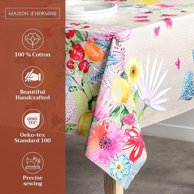 Maison d' Hermine Table Cloth Rectangle Table 100% Cotton 70 x 120 Inches Tablecloth Reusable Decorative for Dining Room Farmhouse Home Valentines Day Decorations Spring Summer - Jardin D'Ete - Fog
