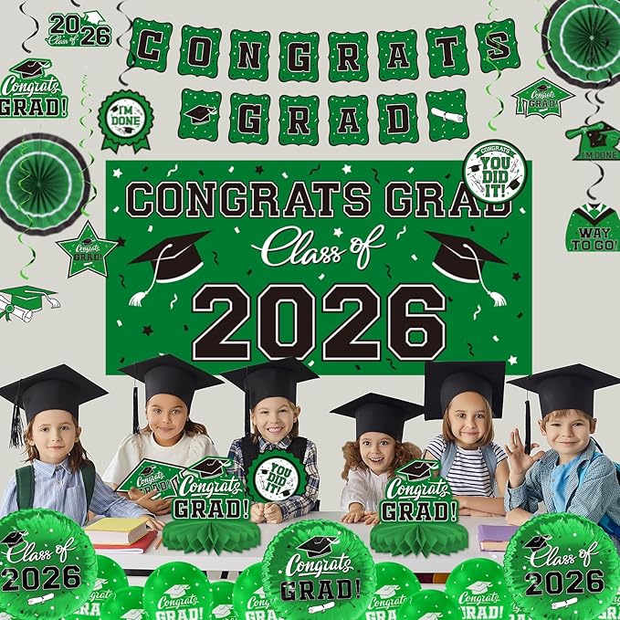 Green Themed 2026 Graduation Decorations Set - Congrats Grad Banner, Class of 2026 Backdrop, Balloons & Streamers Kit - Complete Party Supplies for High School & College Celebrations
