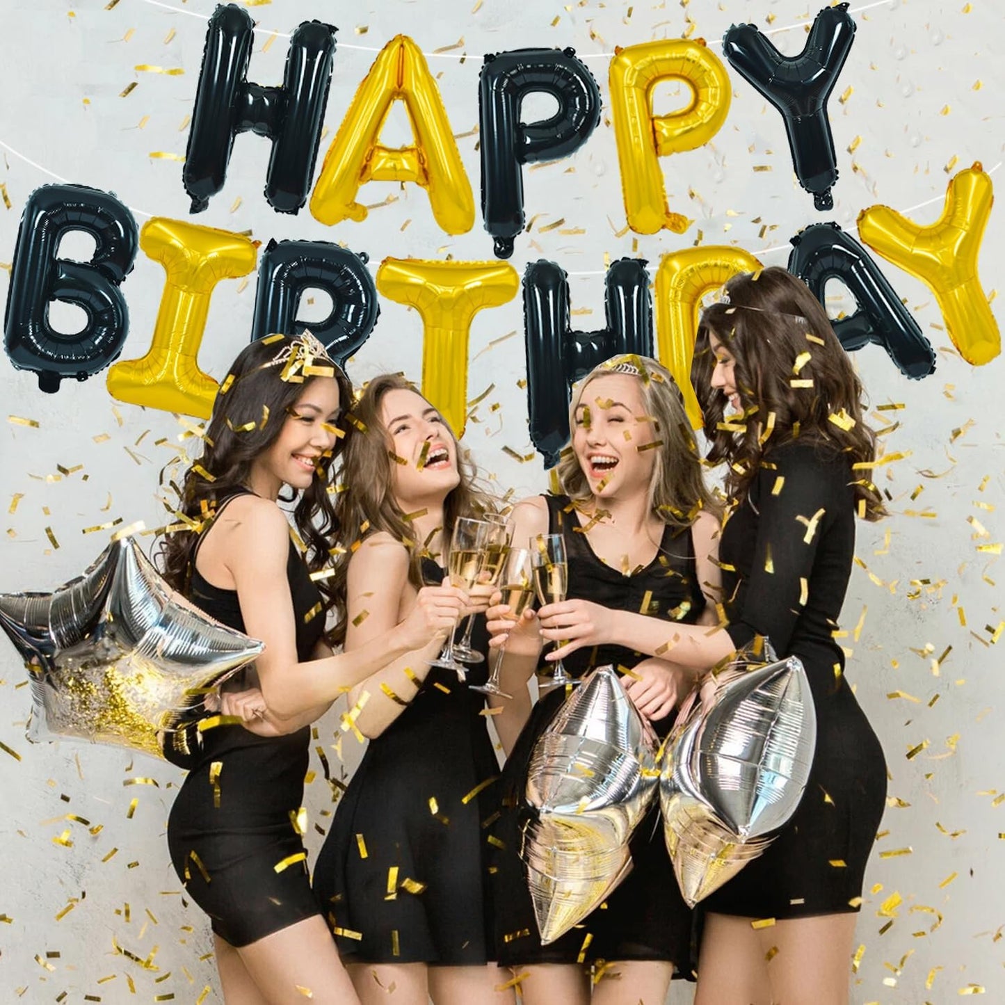 TONIFUL Happy Birthday Balloons Banner with Ribbon Straw, 16 Inch Mylar Letters Birthday Sign Banner Balloon Bunting Reusable for Girls Boys Kids & Adults Birthday Halloween Supplies（Black Gold）