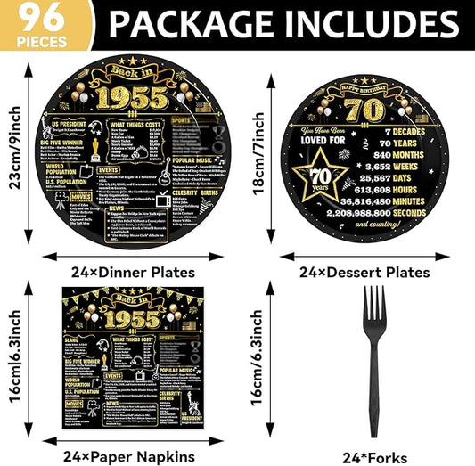 CHUNNIN 96Pcs 70th Birthday Plates and Napkins Back in 1955 Party Decorations Black Gold 70 Year Old Party Dessert Plates 1955 Tableware for 24 Guests 70th Theme Men Woman Birthday Supplies