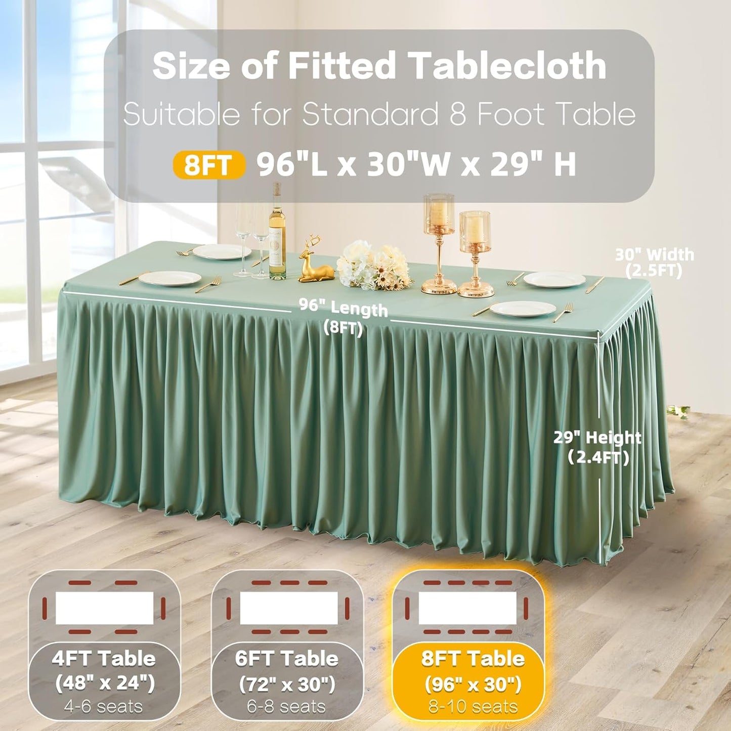 Sage Green Polyester Table Clothes for 8 Foot Rectangle Tables, Wrinkle Free Fitted Table Cover with Pleated Ruffle Table Skirt for Birthday Party Wedding Trade Show Event Display